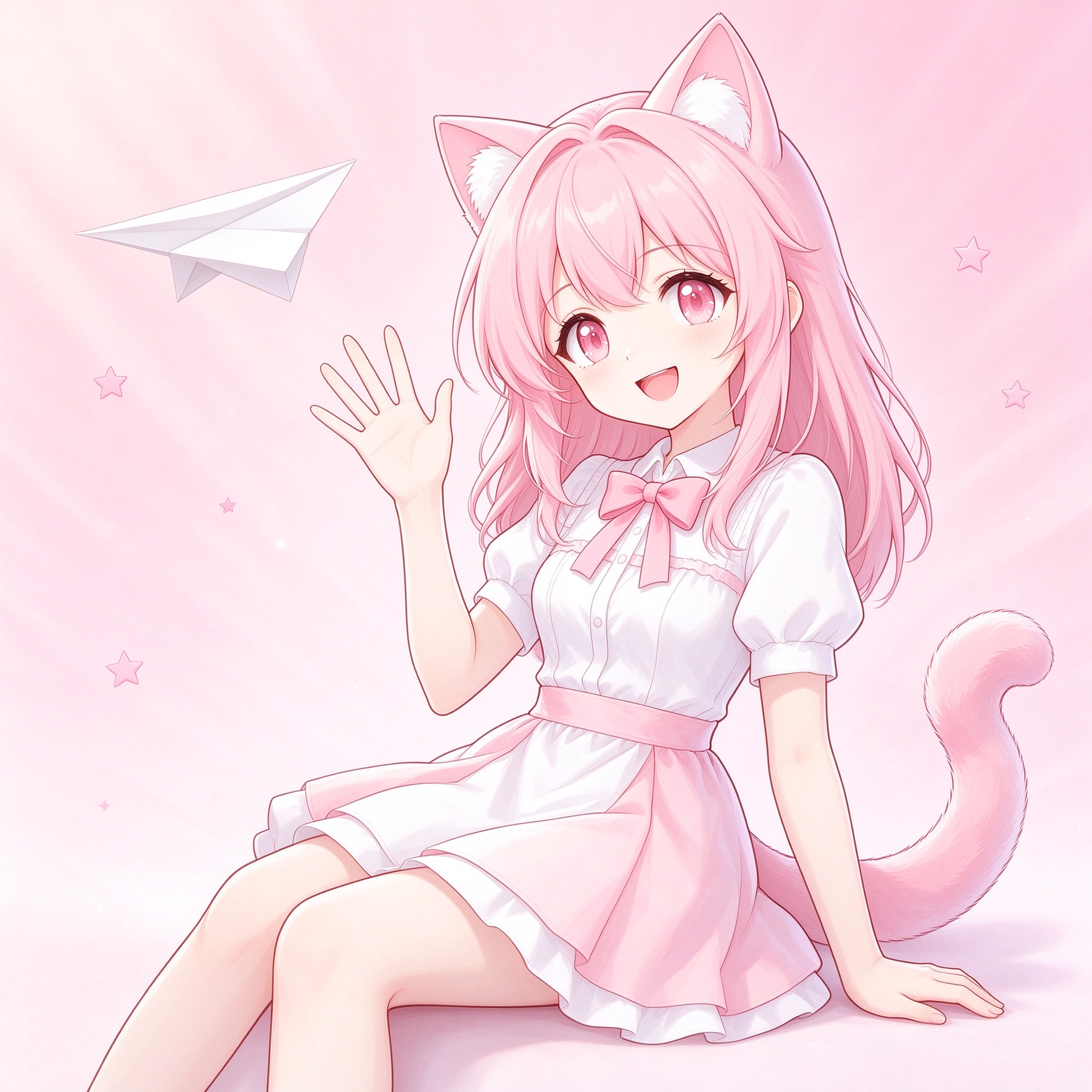 纸飞机玩家群吉祥物：挥手打招呼的粉色猫娘插画